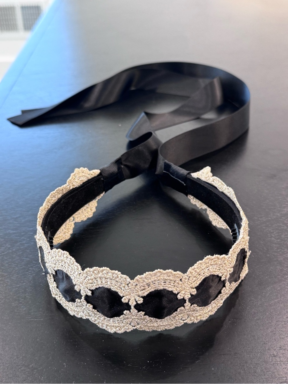 Elegant Black Satin and Gold Lace Headband